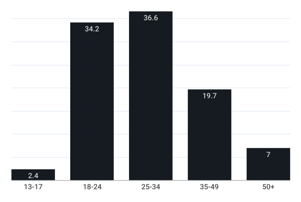 Distribution of X (formerly Twitter) users worldwide as of April 2024, by age group
