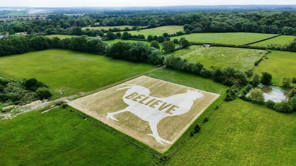 KFC's PR stunt showing a crop field with KFC's logo (chicken) painted in white with the word "believe" in the centre of it.