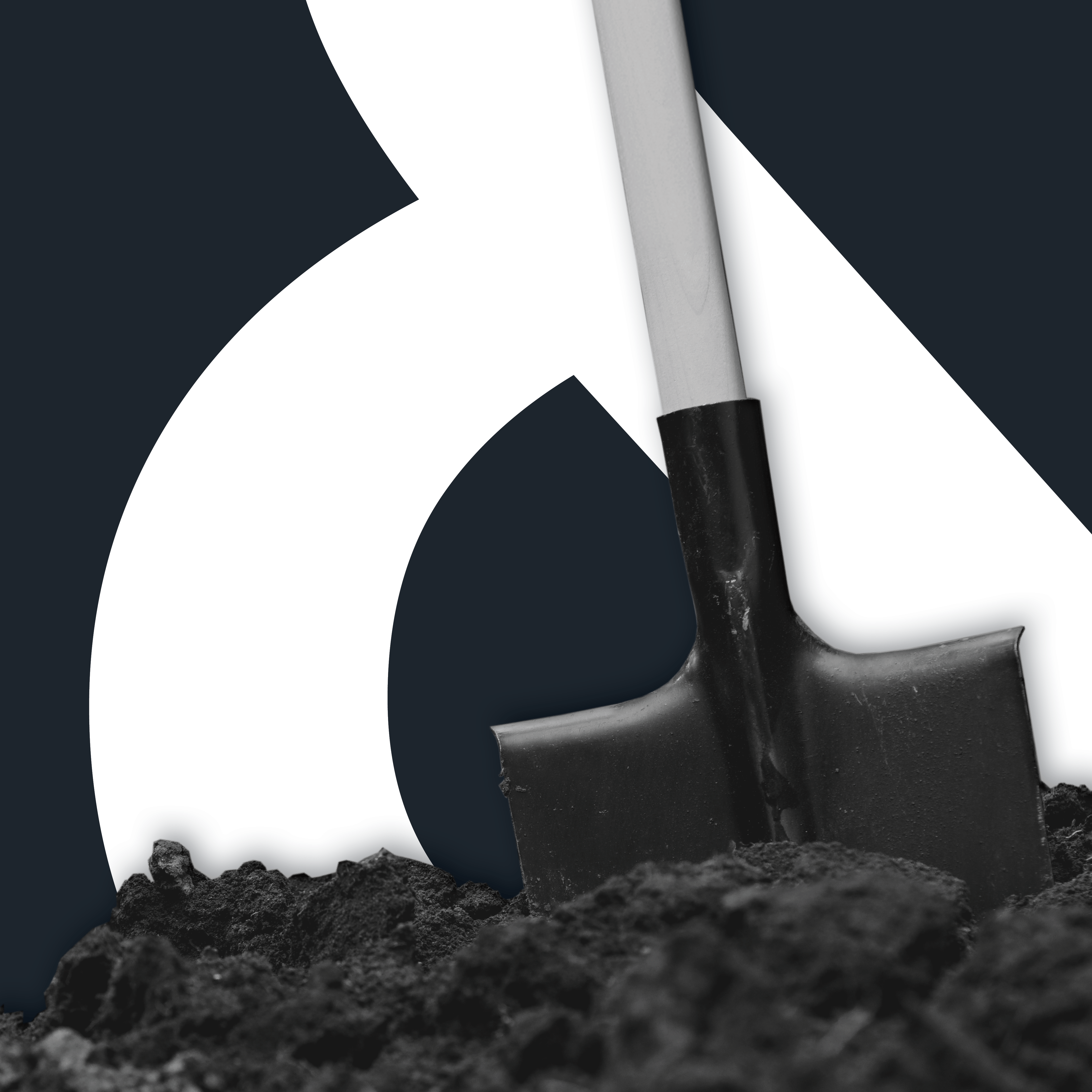 The featured image for the article: The power of why. It shows a shovel in dirt, representing digging deeper for meaning. The shovel and dirt are in grescale, over a dark blue background with a contrasting white ampersand.