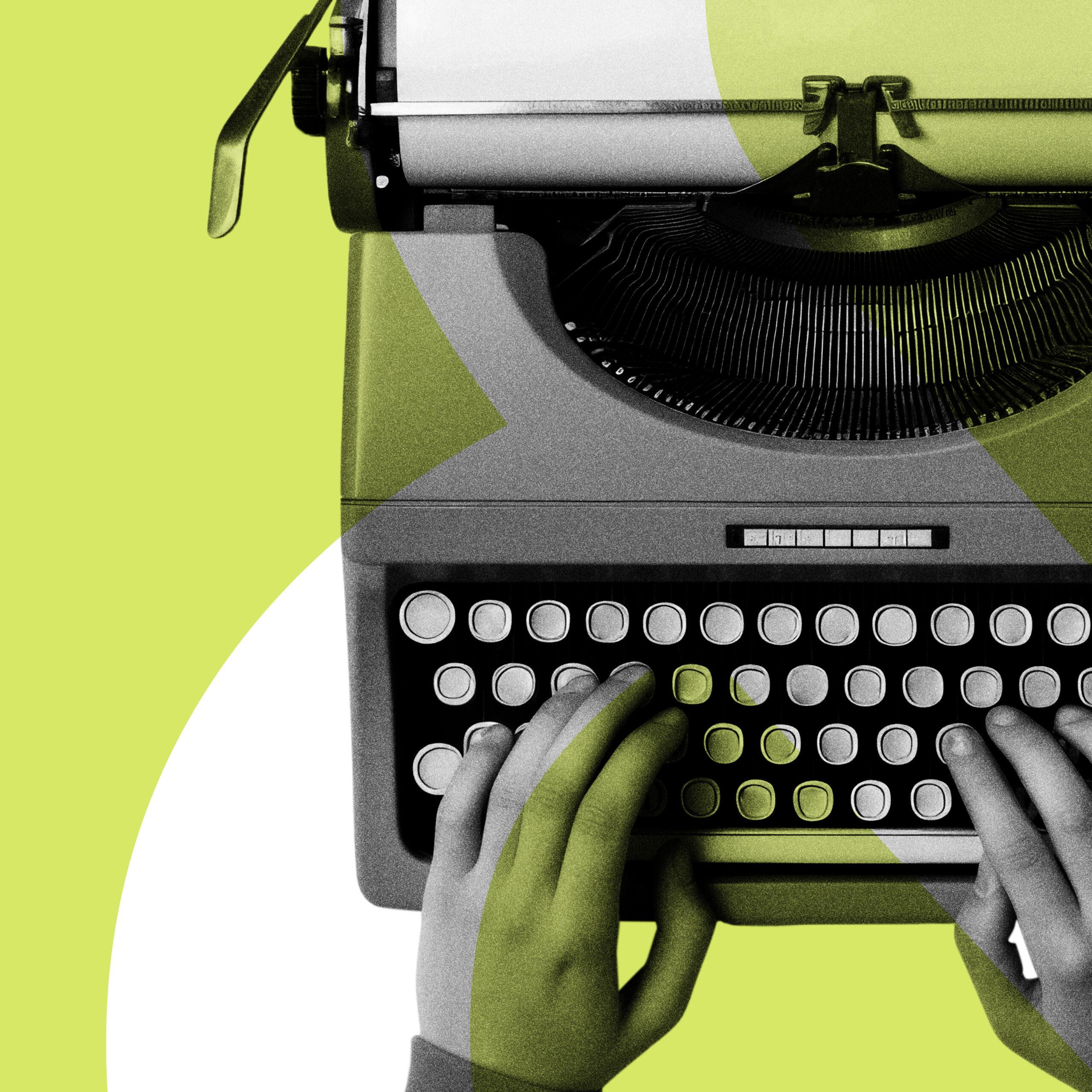 An image showing a greyscale typewriter with the Chalk & Ward logo superimposed onto it against a luminous green background. The article is named: paid media versus earned media